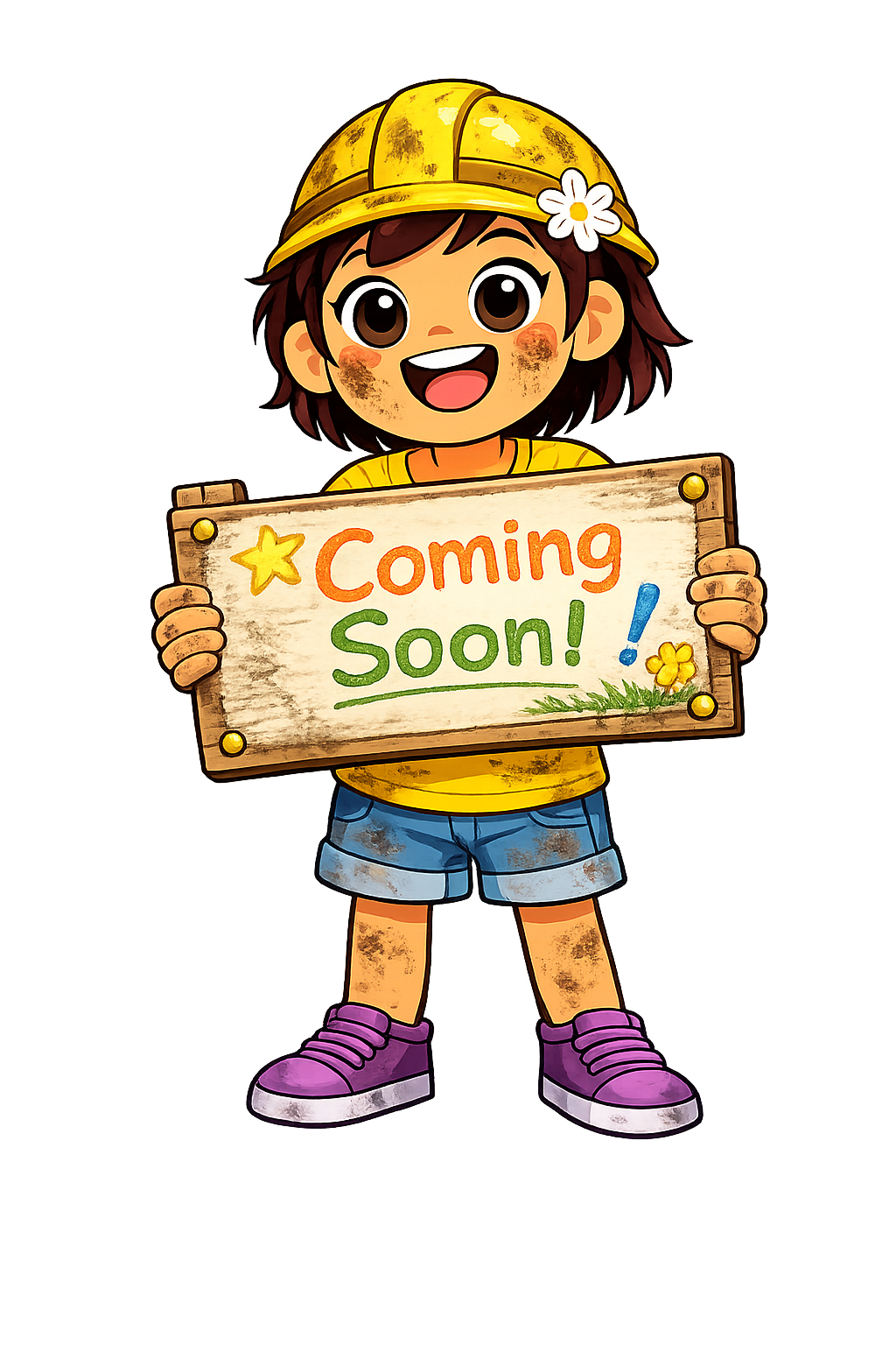 Mae holding a coming soon sign