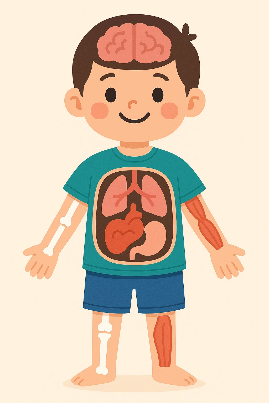A friendly cartoon child with the brain, heart, lungs, stomach, bones, and muscles shown as simple soft shapes