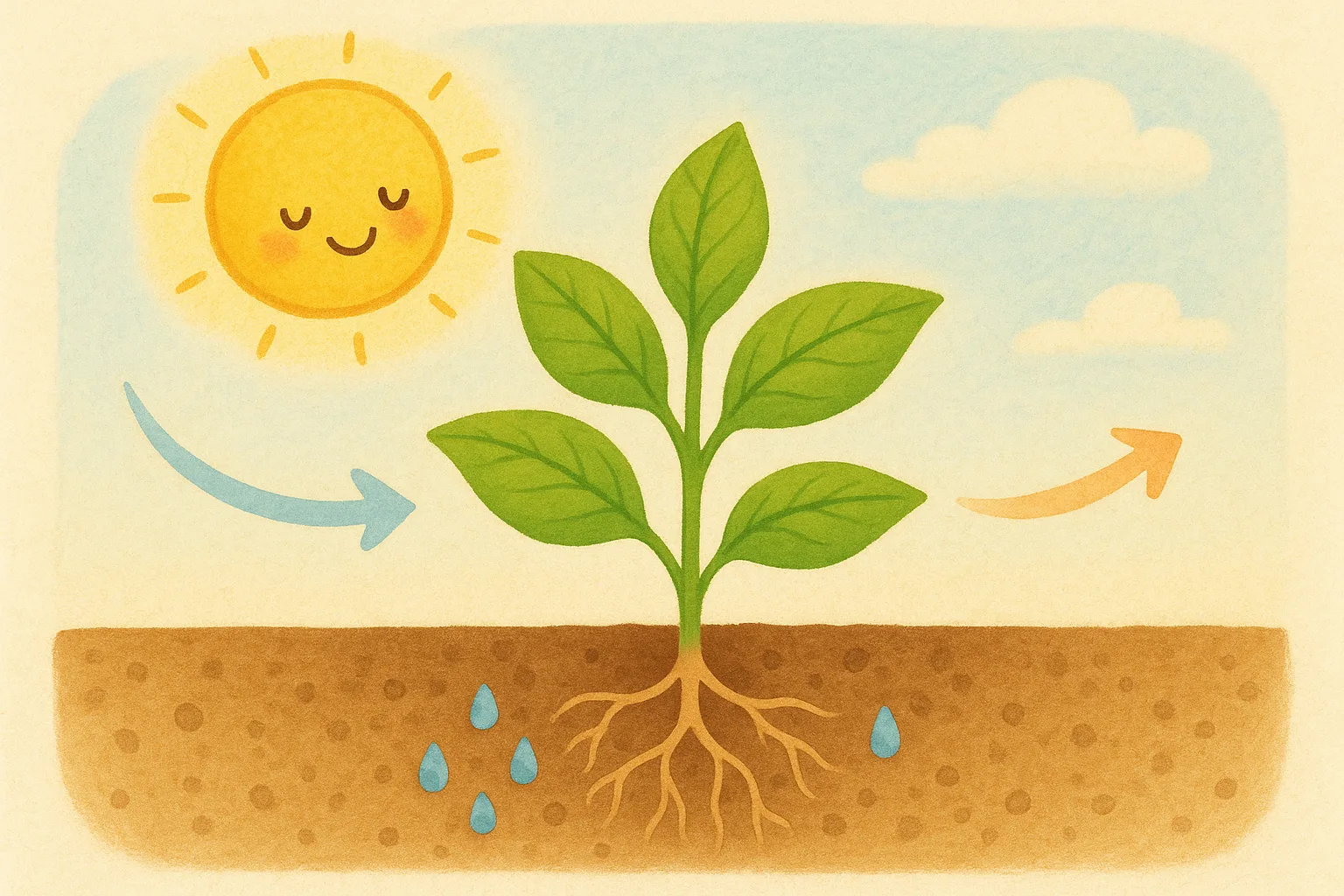 A leafy plant in the sun: sunlight hits the leaves, roots drink water from the soil, and arrows show air going in and oxygen coming out