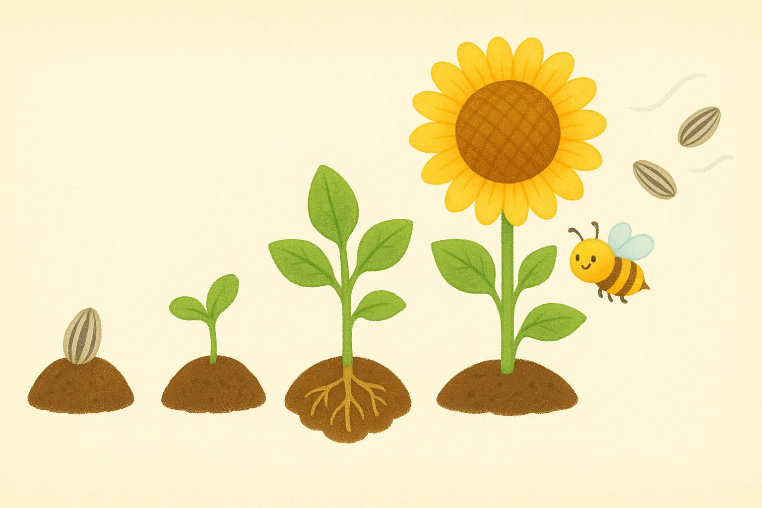 A sunflower life cycle in a row, growing taller at each stage: seed, sprout, seedling, blooming flower with a bee, and seeds drifting on the wind