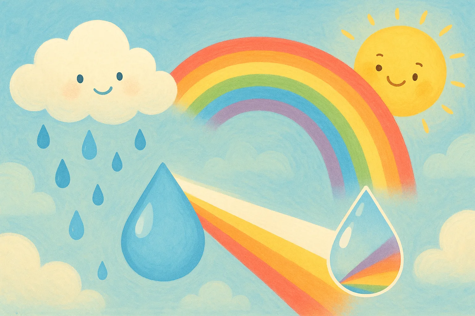 A rainbow arcing across a rainy sky, with a close-up raindrop splitting white sunlight into a fan of colors