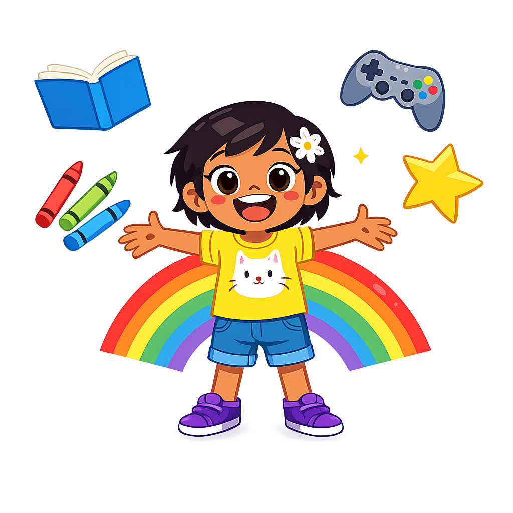 Mae McConlan with a rainbow, books, games and crayons