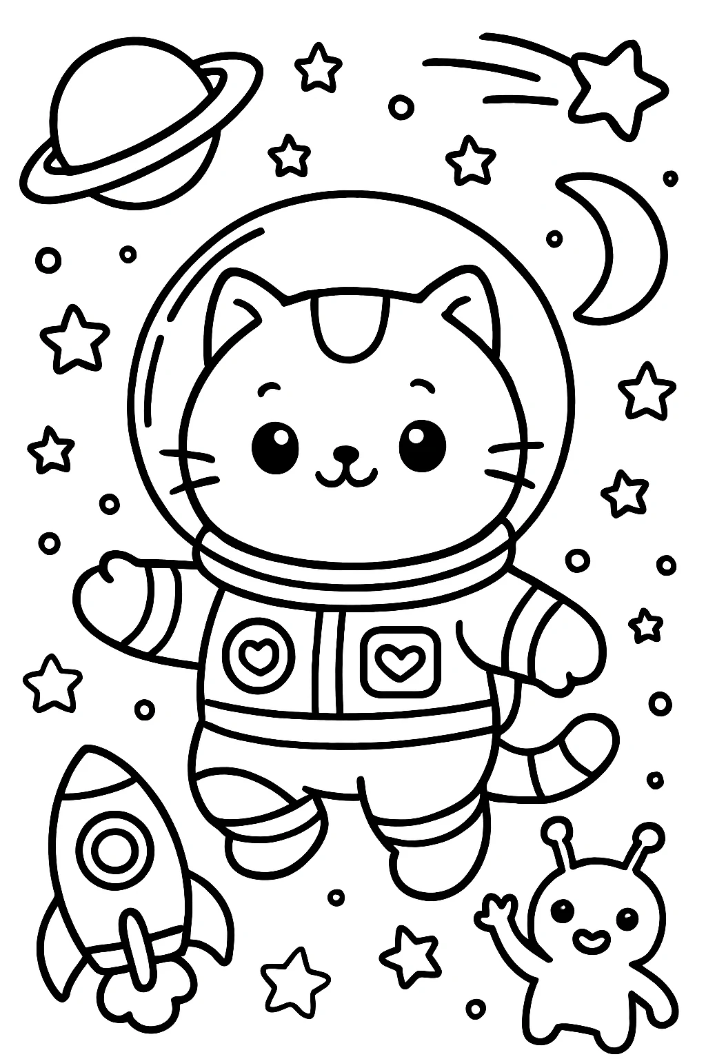 Cat in space coloring page