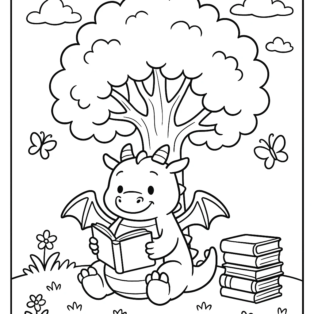 Dragon reading coloring page