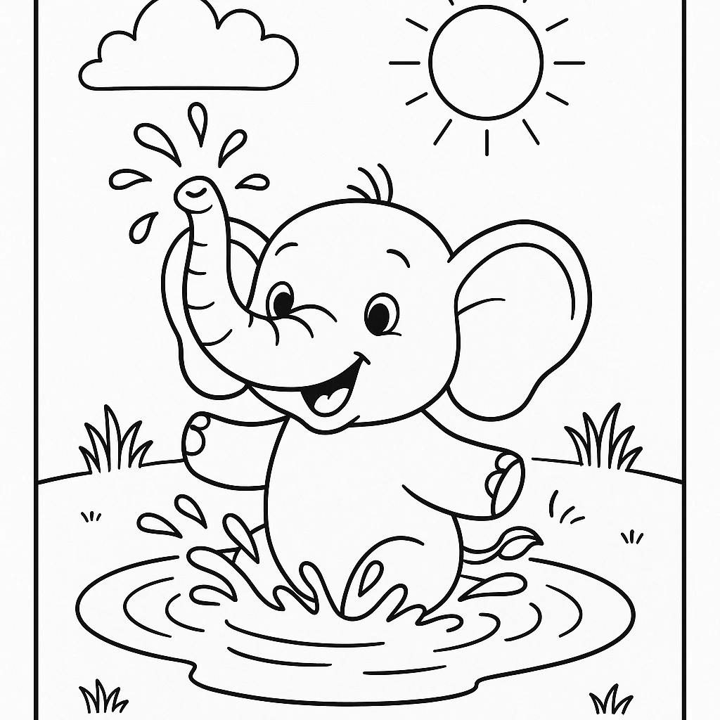 Elephant in a puddle coloring page