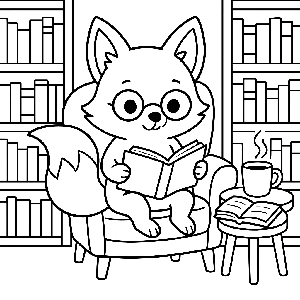 Fox at the library coloring page