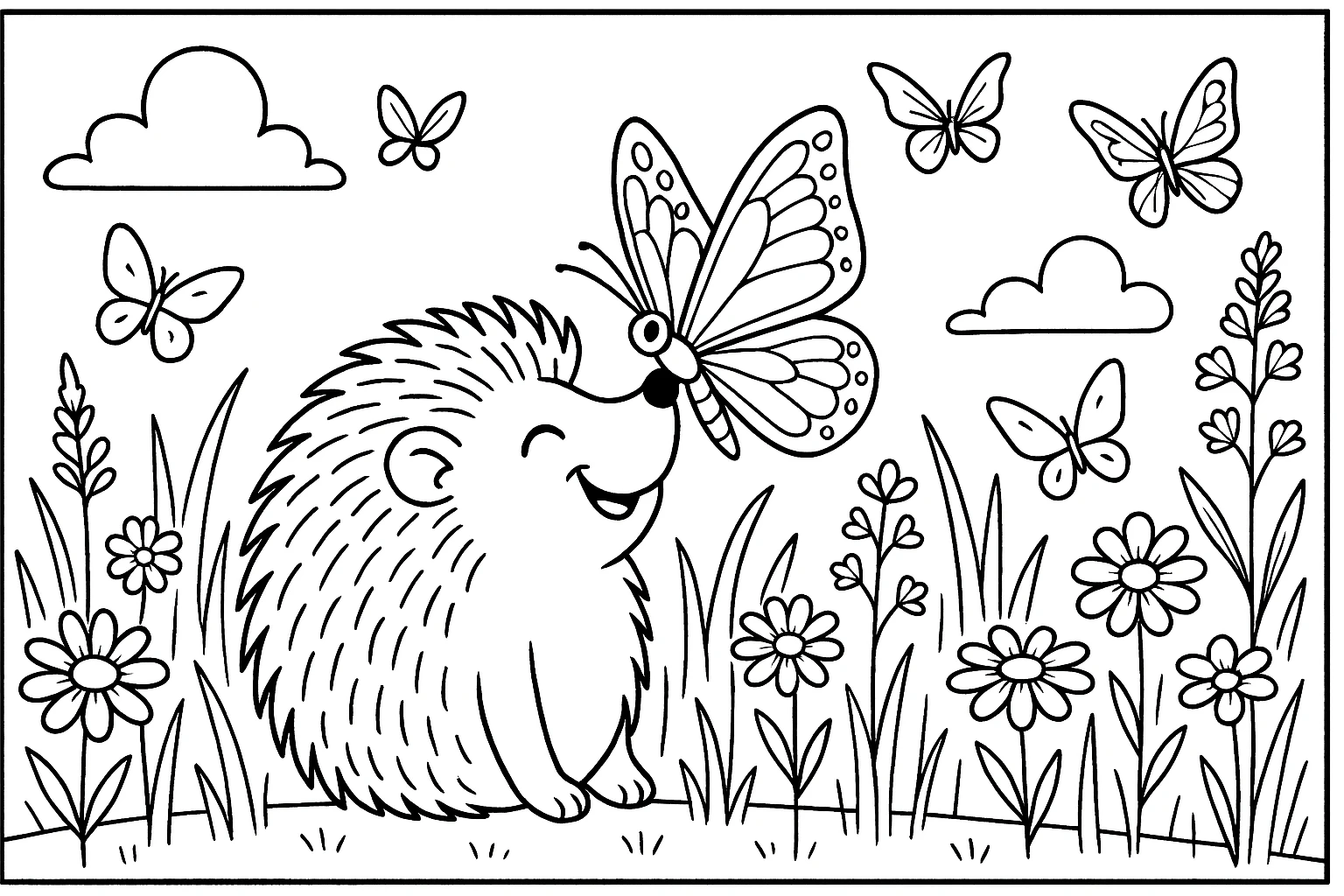 Hedgehog with butterfly coloring page