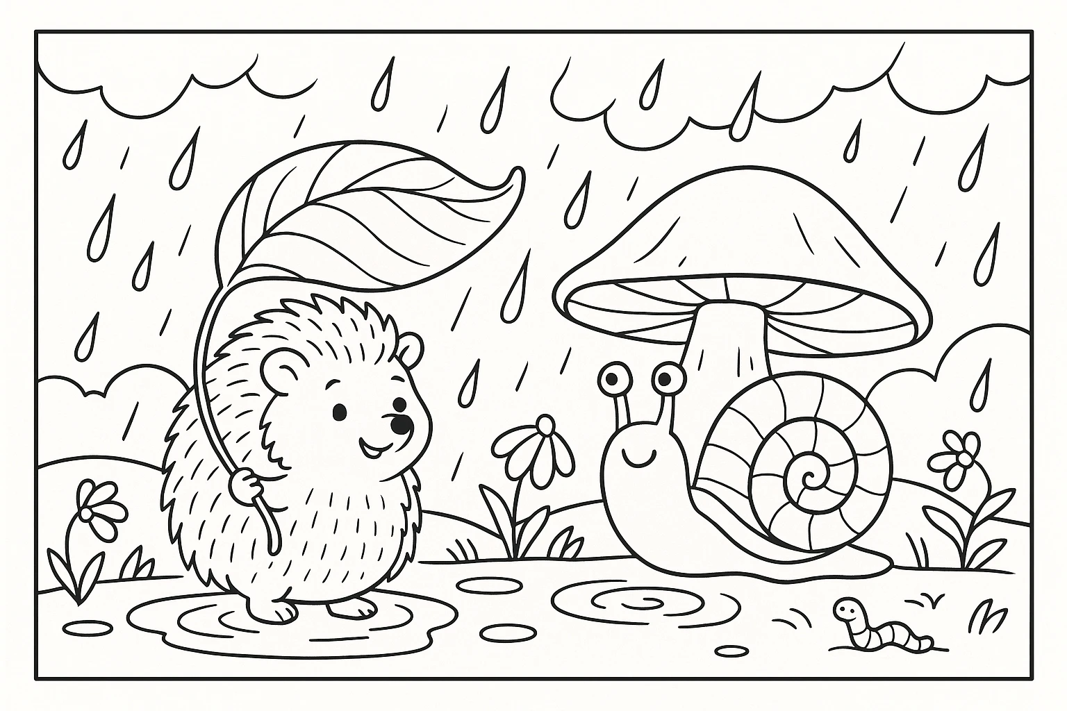 Hedgehog in the rain coloring page