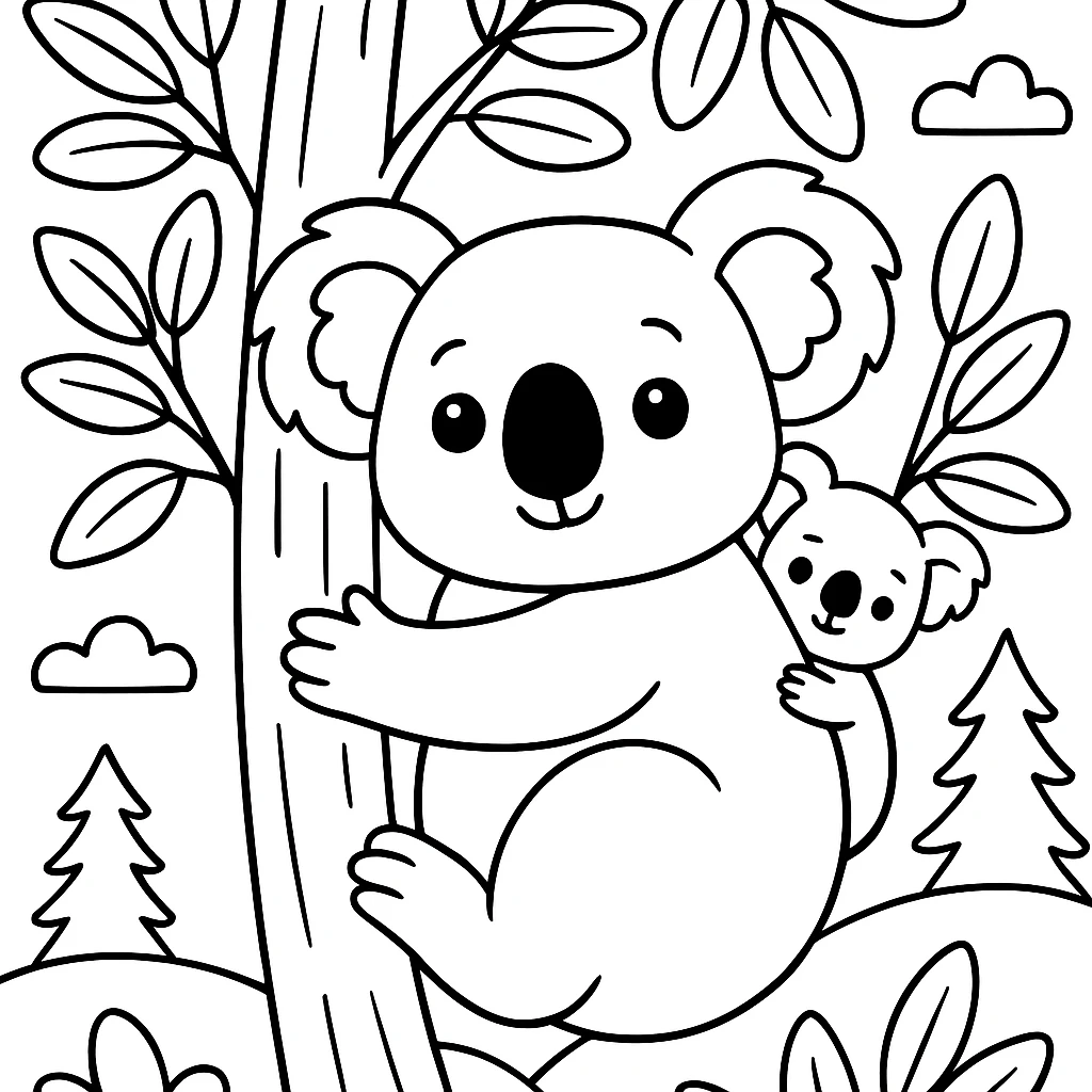 Koala in a tree coloring page
