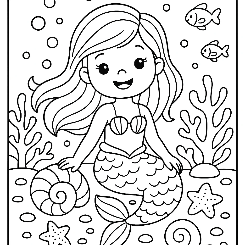 Mermaid with shells coloring page