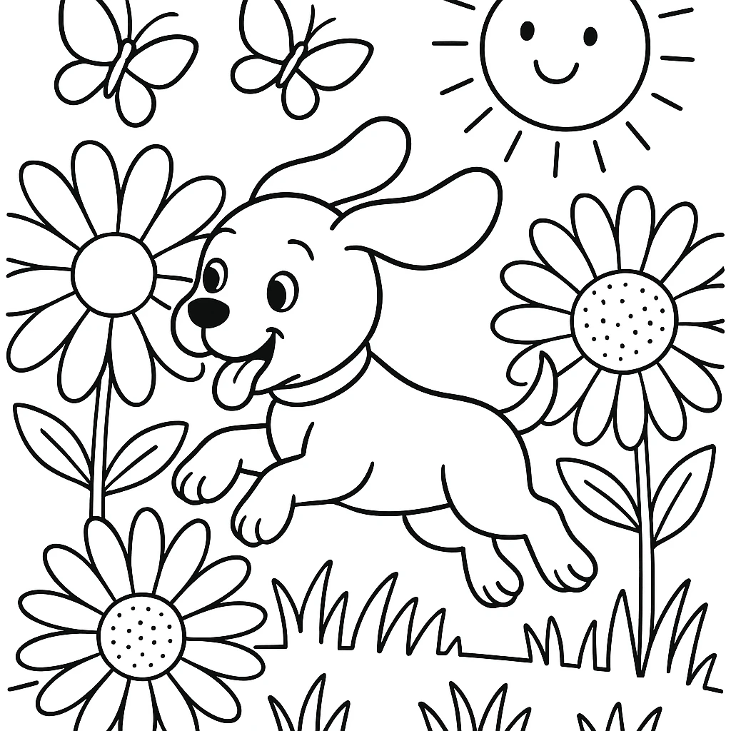 Puppy in a meadow coloring page