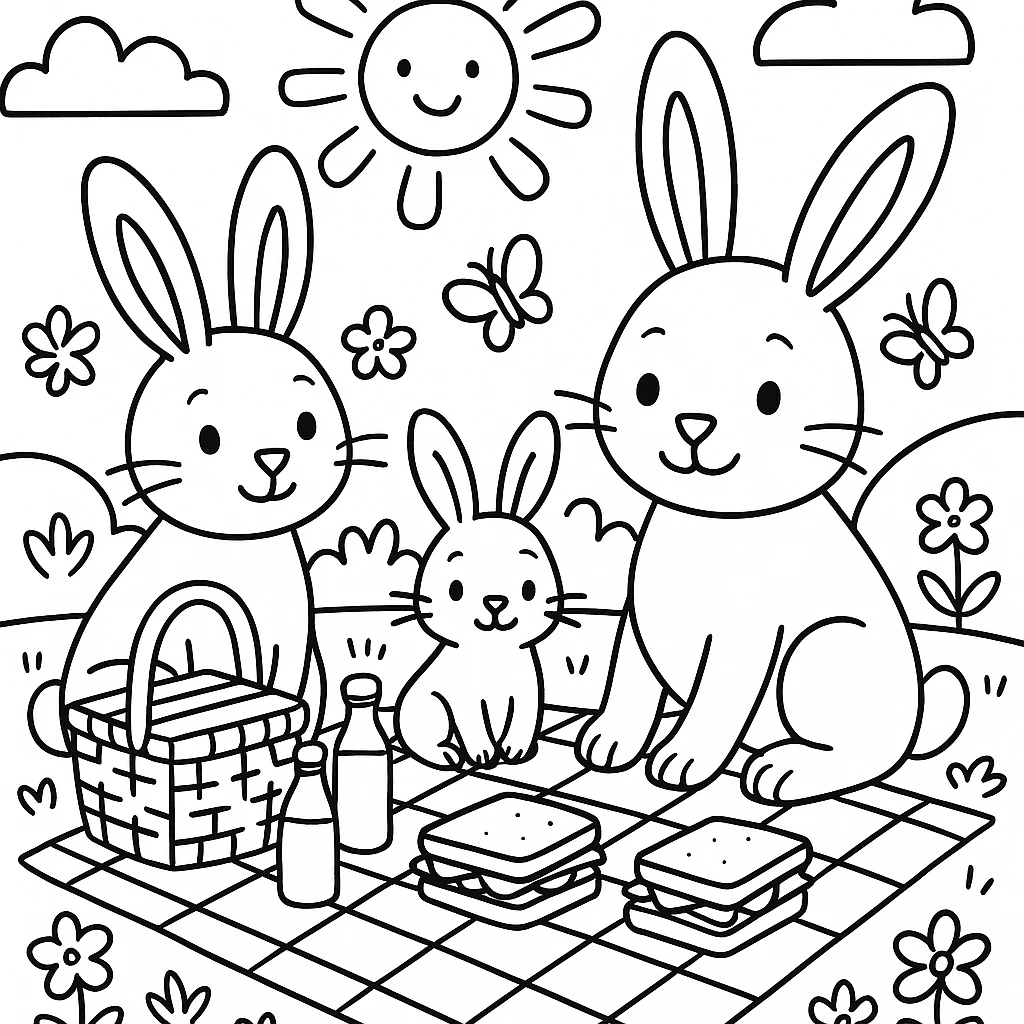 Rabbit picnic coloring page