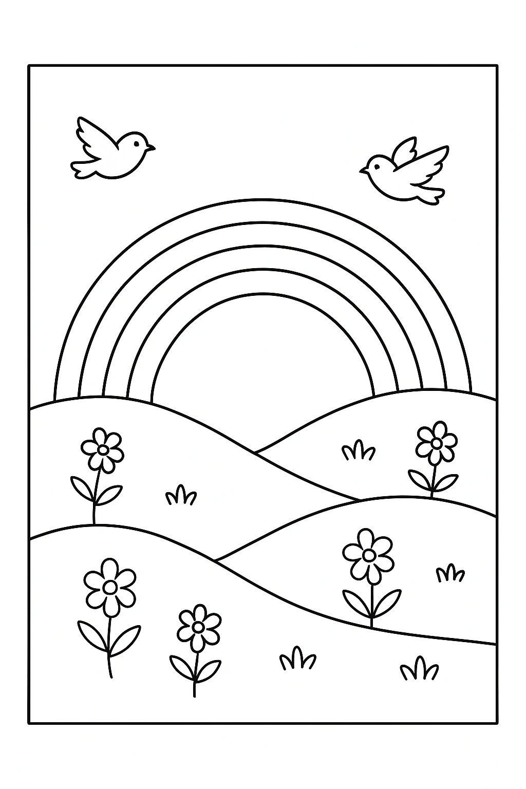 Rainbow arching over hills with flowers coloring page