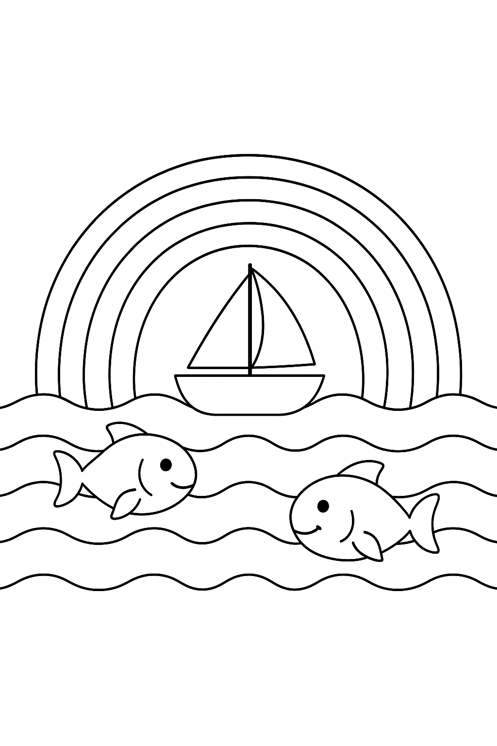 Rainbow over the ocean with a sailboat and fish coloring page
