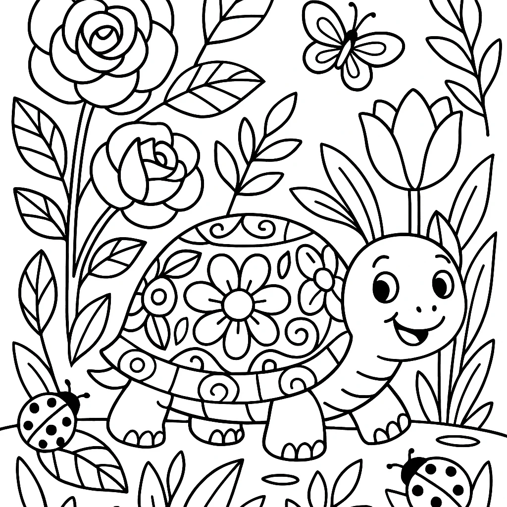 Turtle in the garden coloring page