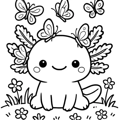 Axolotl and Butterflies coloring page