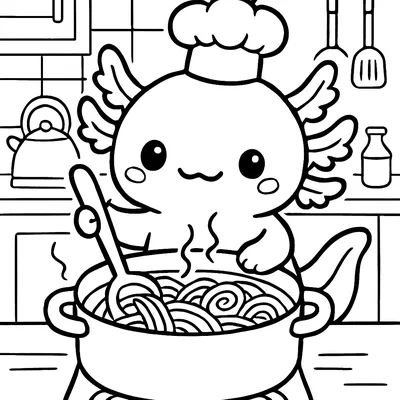 Axolotl Cooking Ramen coloring page