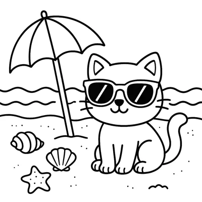Cat at the Beach coloring page
