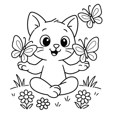 Cat and Butterflies coloring page