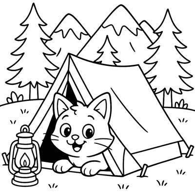 Cat camping coloring page