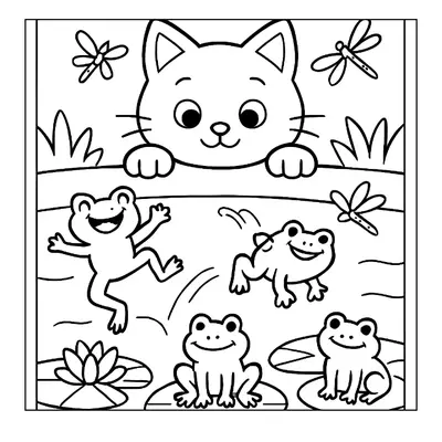 Cat at the Frog Pond coloring page
