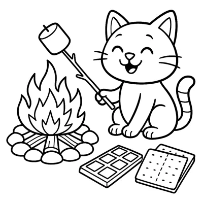 Cat s'mores campfire coloring page