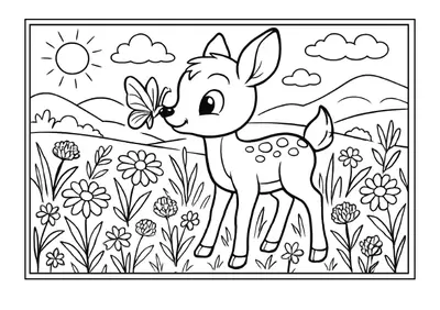 Baby deer in the meadow coloring page