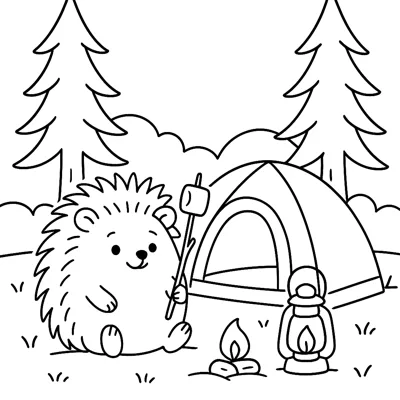 Hedgehog camping coloring page