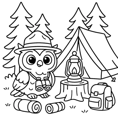 Owl camping coloring page