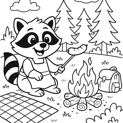 Raccoon camping coloring page