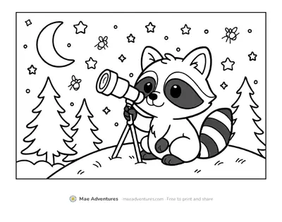 Raccoon stargazing coloring page