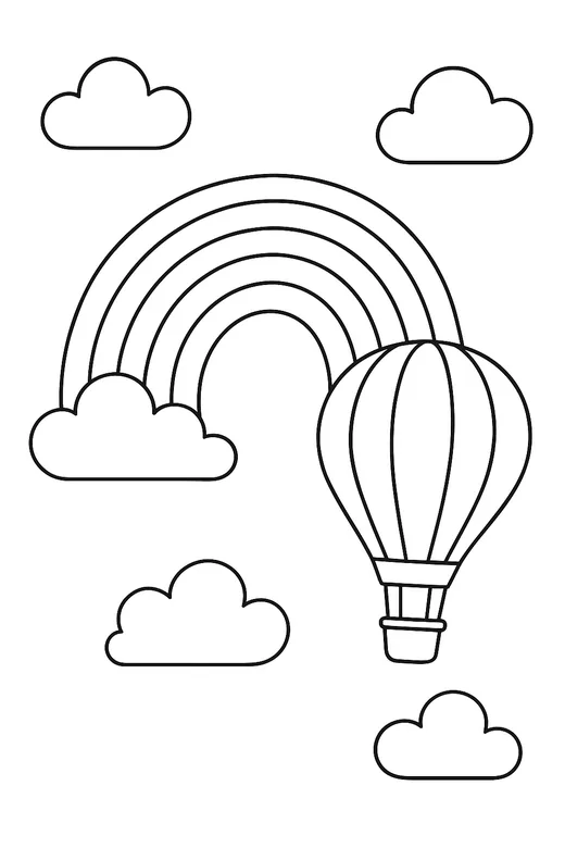 Rainbow with a hot air balloon coloring page