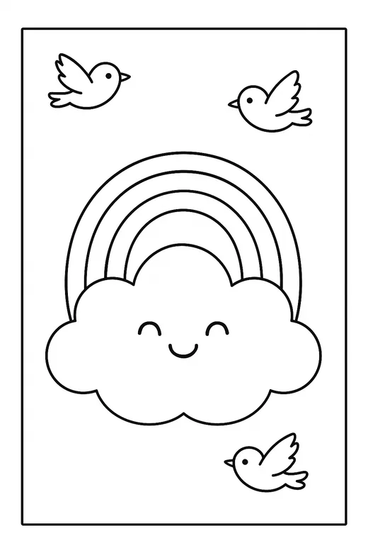 Rainbow with a smiling cloud and birds coloring page