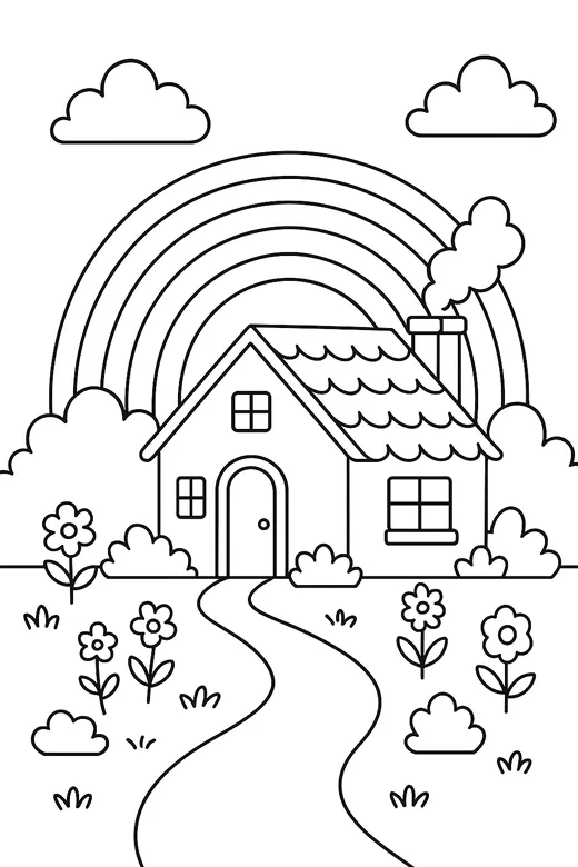 Double rainbow over a cottage coloring page