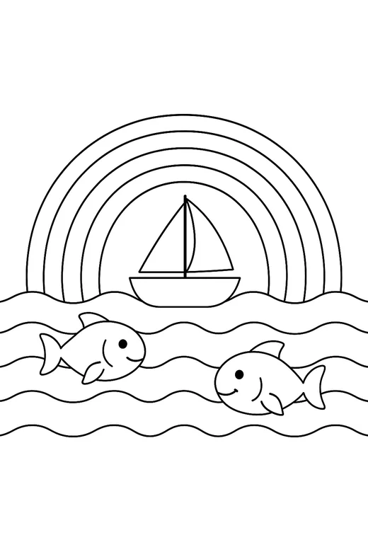 Rainbow over the ocean with a sailboat coloring page