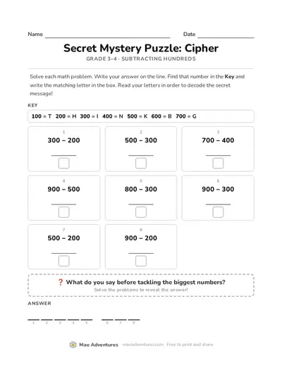 Math cipher subtracting hundreds