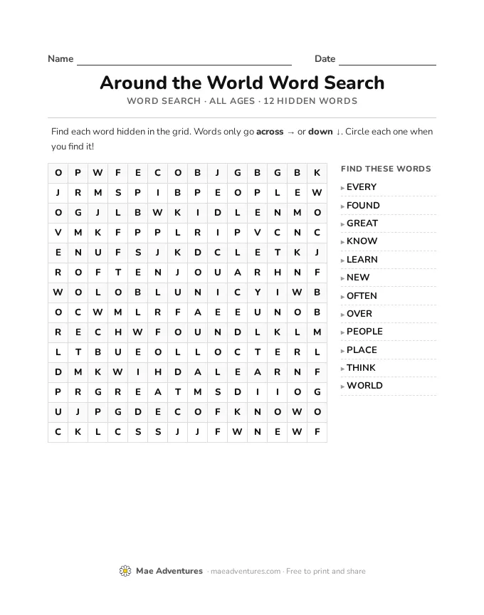 Word Search Week 10 word search